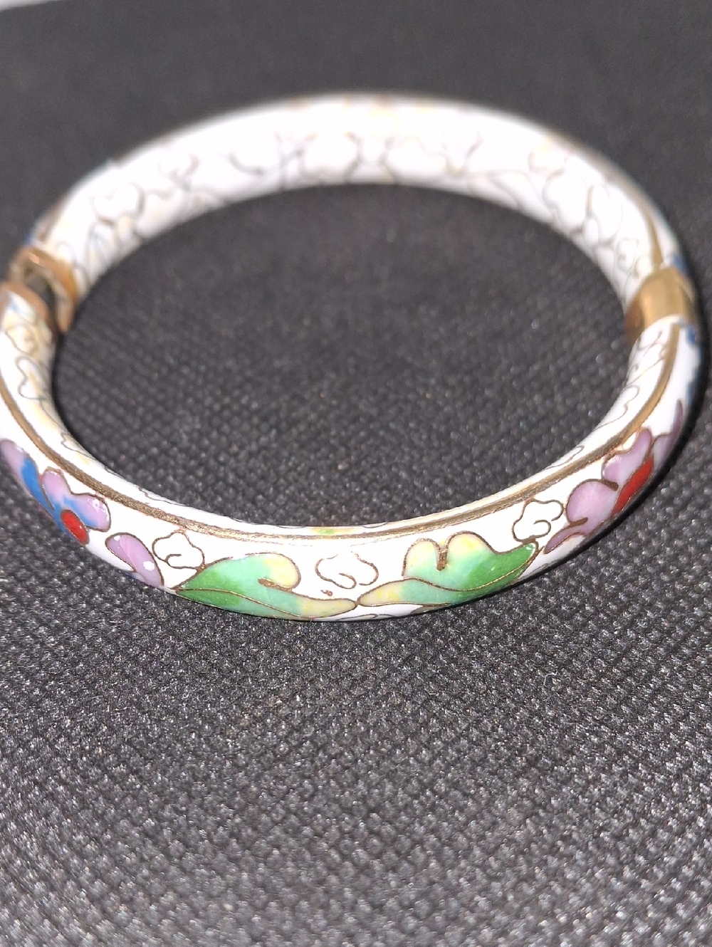 Cloisonné Enamel Floral Bangle Bracelet in White, Green & Pink